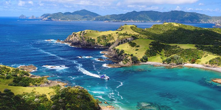 cruise ship approaching bay in Bay of Islands